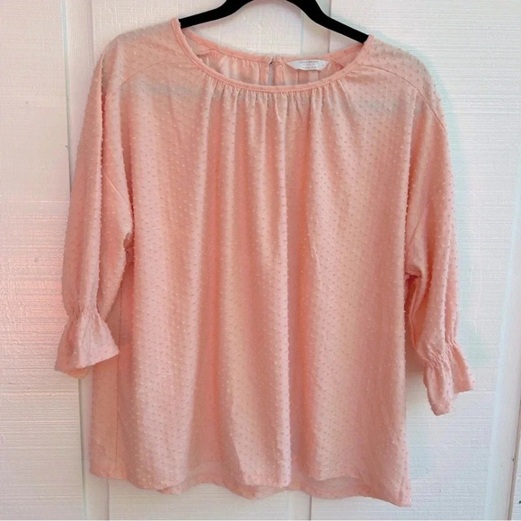 Lucky Brand Peach All Over Textured Swiss Dot Long Sleeve Peasant Top Blouse / M - Picture 1 of 6